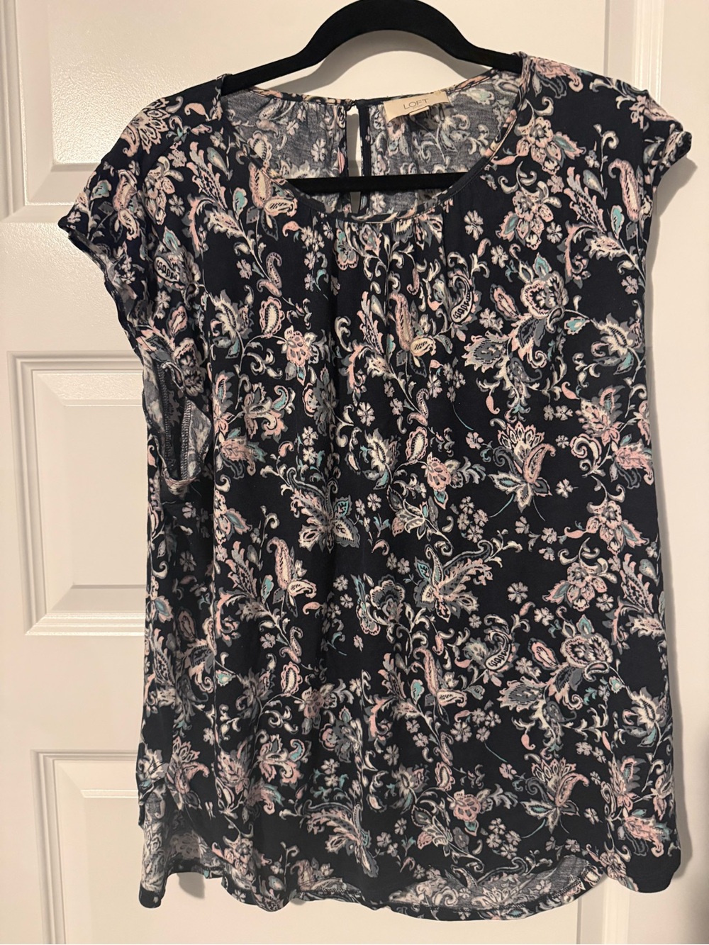 LOFT Navy Floral Paisley Cap-Sleeve Blouse